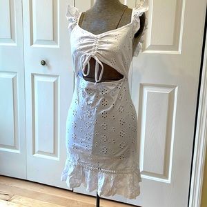 ASOS white cap sleeve eyelit design open midriff mini dress